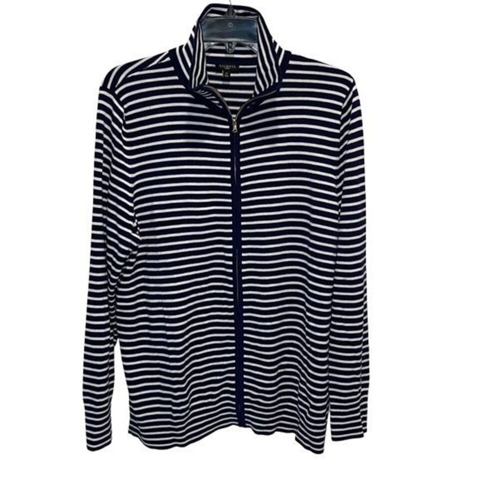 Talbots Navy and White Striped Zip-Front Sweater